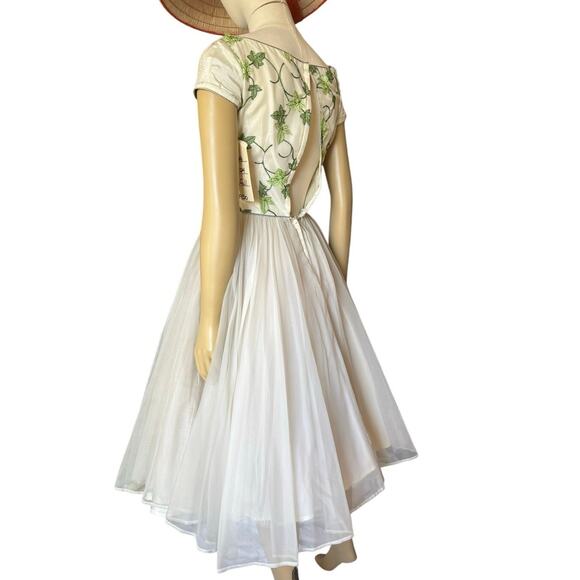 Vintage 1950s Emma Domb White Chiffon Tulle Cupcake Prom Dress Green Embroidery - Picture 3 of 16